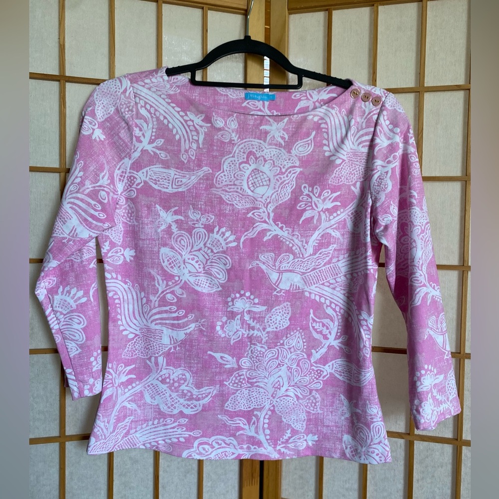 J McLaughlin Top S Floral Birds Peacock Pink White Boatneck 3/4 Sleeve